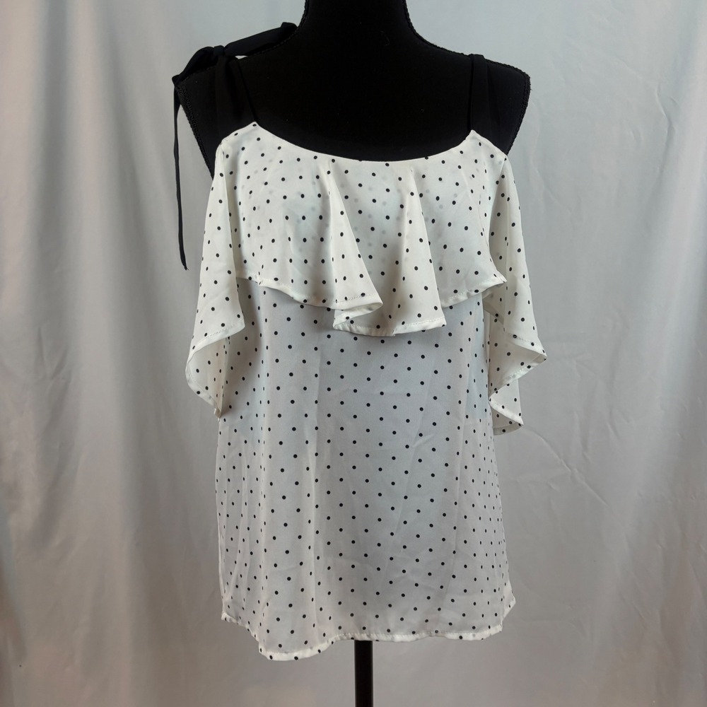 Dex Womens Polka Dot Cold Shoulder Ruffle Top White Black Chiffon Tie Strap XS
